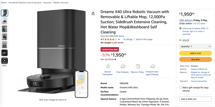 Amazon: Dreame X40 Ultra Robotic Vacuum with Removable & Liftable Mop – 30% Off, now $1,950